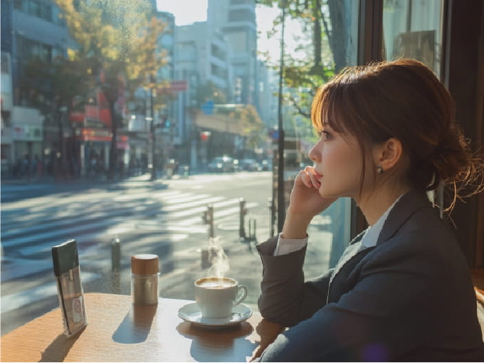 大きな窓のあるカフェで、コーヒーを前に物思いにふける女性