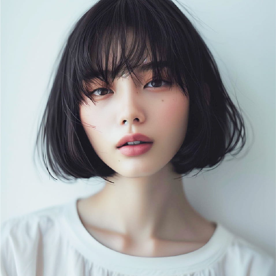 肩までの長さの黒髪ボブで、前髪が目の上にかかっている女性