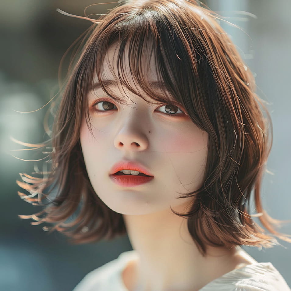 肩にかかる程度のゆるいウェーブが入ったショートボブヘアの女性