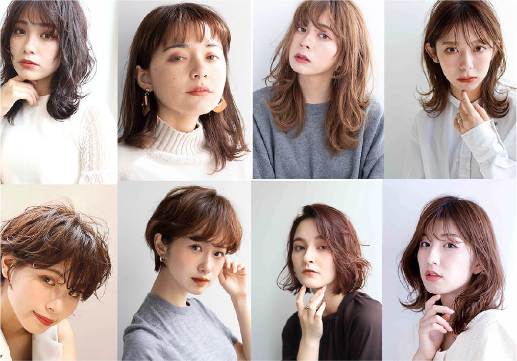 8人の女性がそれぞれ異なるヘアスタイルやファッションで撮影されたポートレート写真