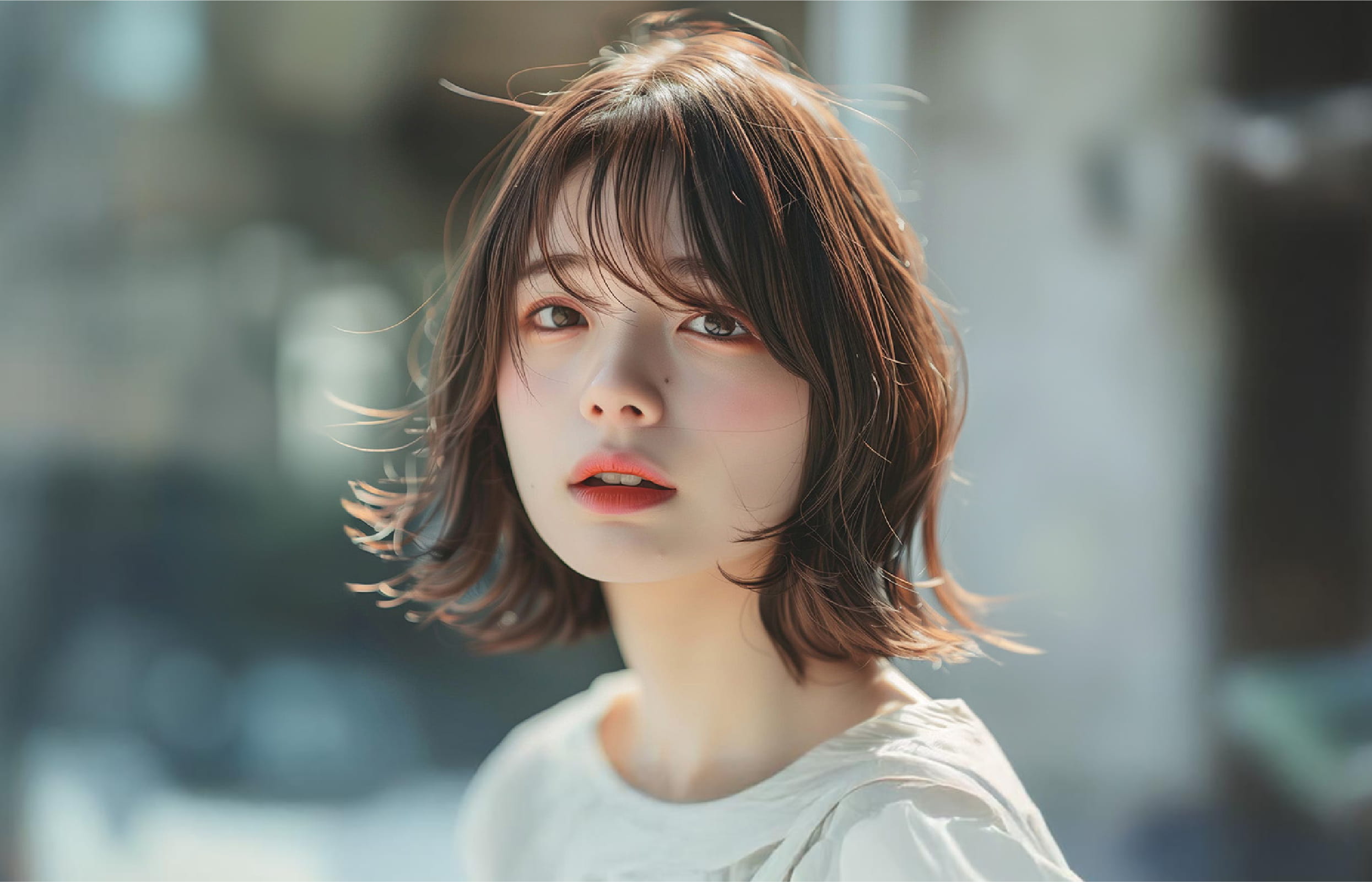 肩にかかる程度のゆるいウェーブが入ったショートボブヘアの女性