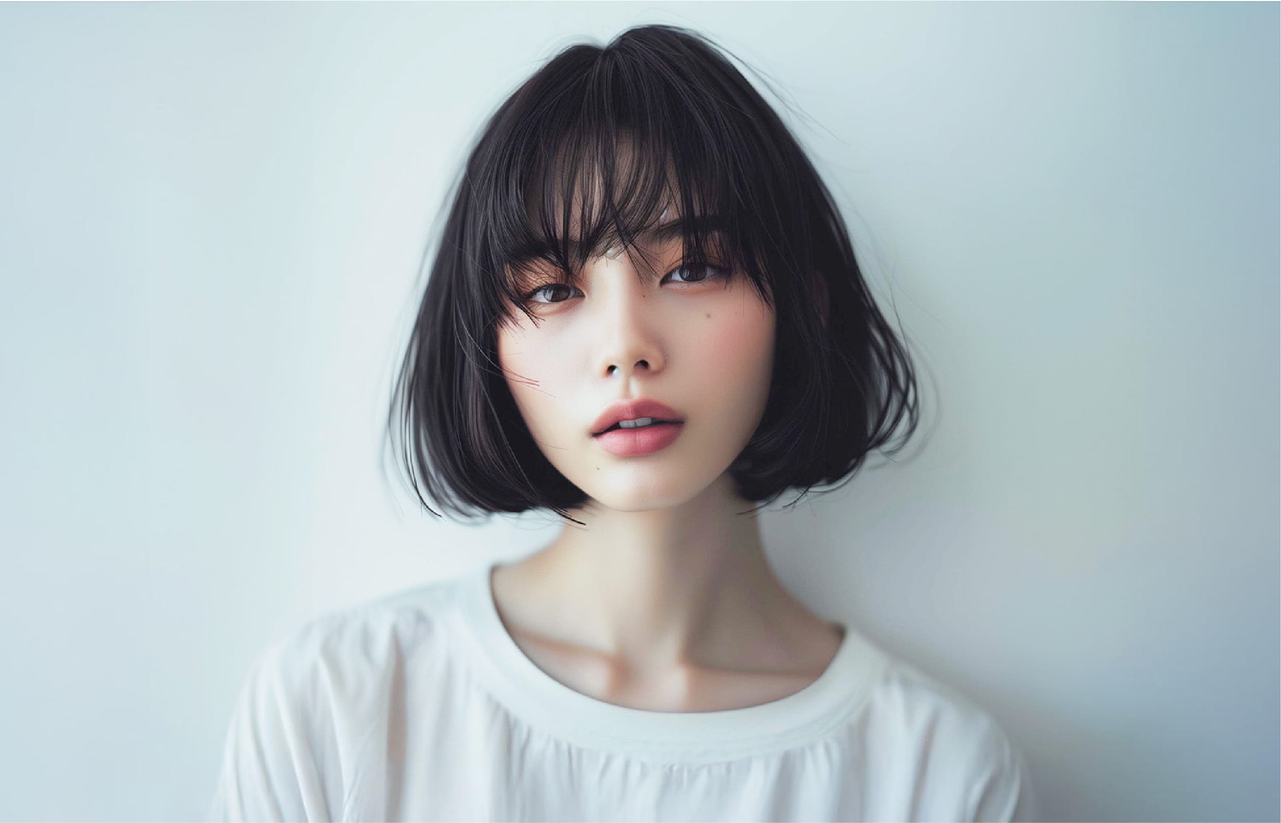肩までの長さの黒髪ボブで、前髪が目の上にかかっている女性